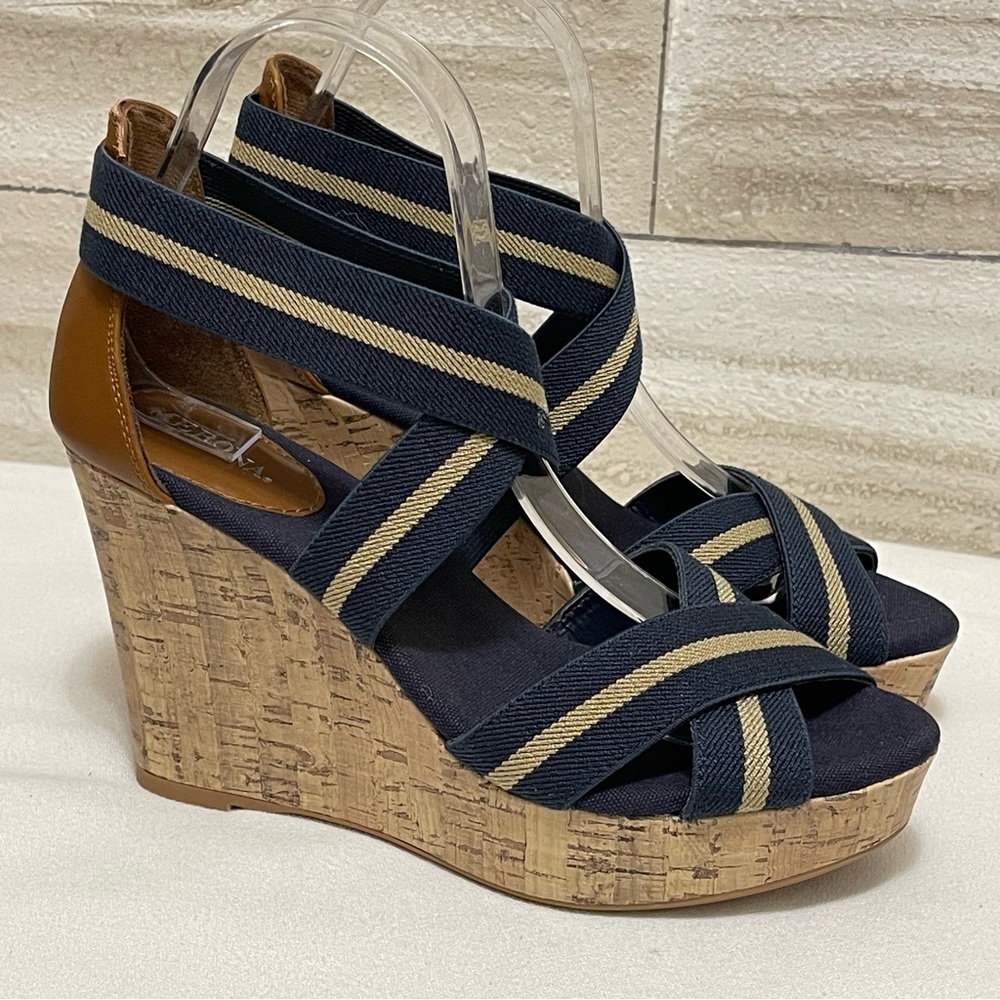 Merona Women's Strappy Blue Fabric Cork Wedge Sandal Open Toe Casual 7.5 - Picture 3 of 13